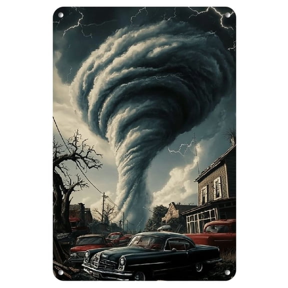 1pc Stormy Tornado Scene Metal Wall Art, Vintage Style Tinplate Decor with Pre-Drilled Holes, Waterproof and Weather Resistant for Home, Office, and Bar Decoration, 8x12 Inch