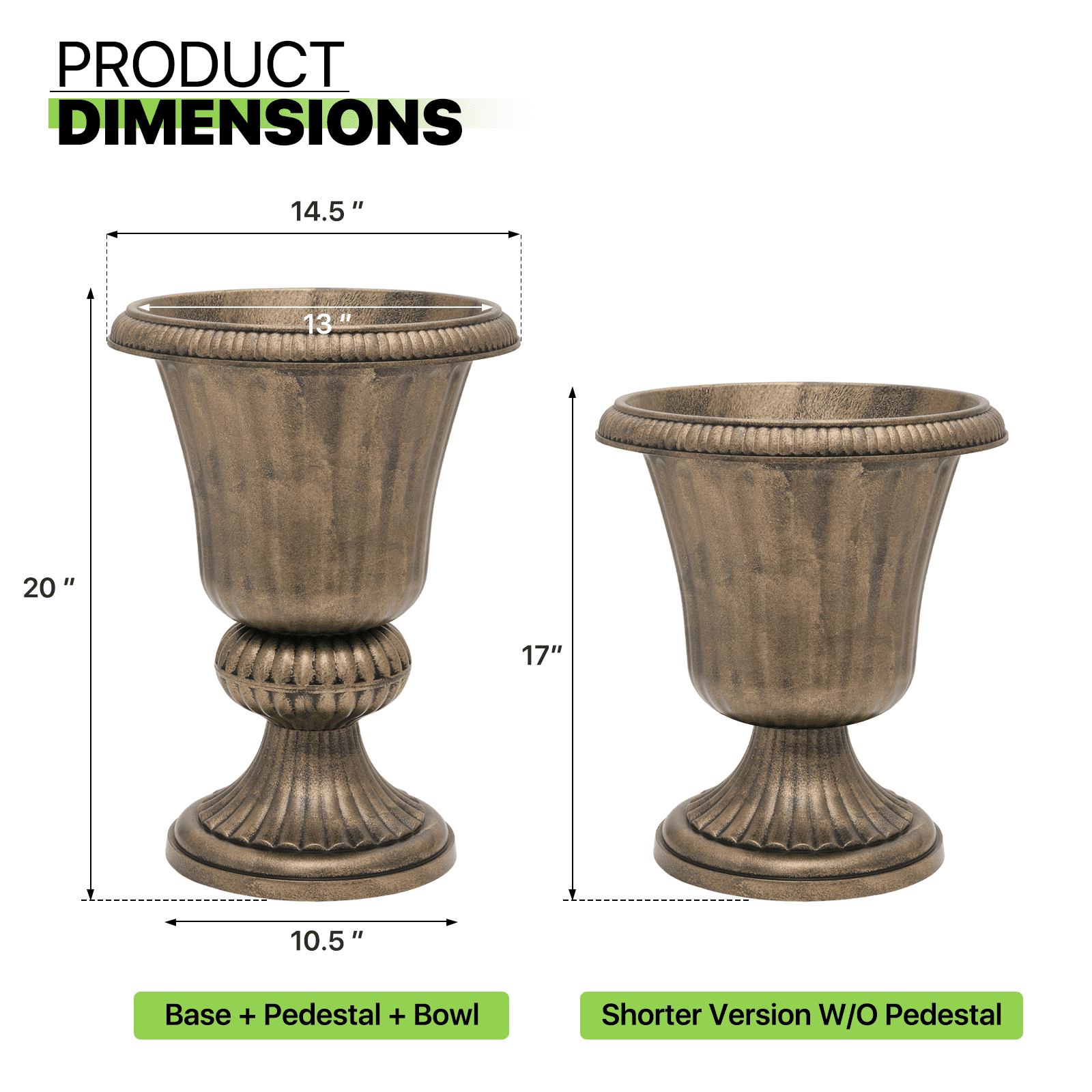 Magshion 20" Urn Planters 2-Pack, Weatherproof Tall Plastic Flower Pots for Indoor/Outdoor Garden Patio Porch Entryway Decor, Bronze