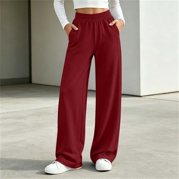 Kinrui Straight Leg Sweatpants for Petite Women Baggy Lounge Elastic Waist Pants Comfy Cute Fall Trousers Wine 2XL
