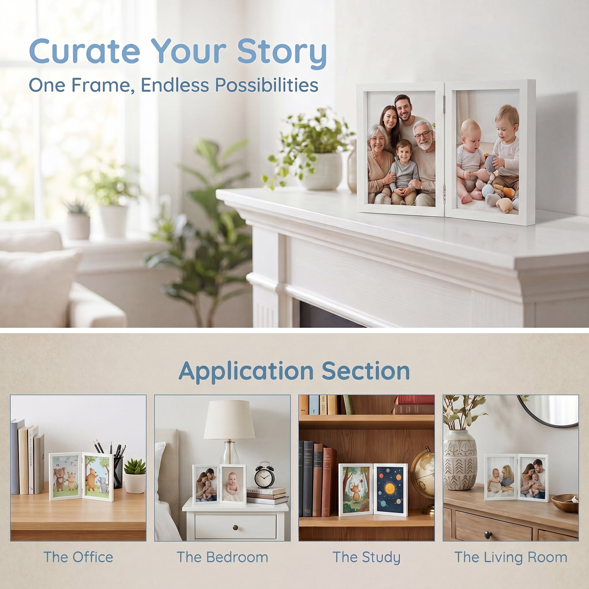 Unique Bargains Folding Double Jointed Wood Photo Frame White 4" x 6"