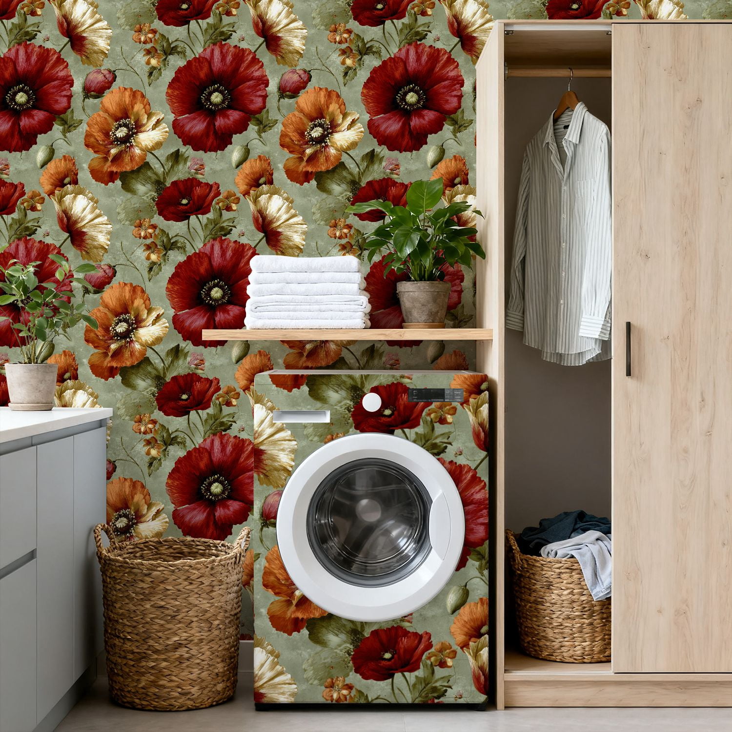 Vintage Peel and Stick Wallpaper Vintage Botanical Print Red Orange Cream Poppies Bloom Wall Mural 17.7in x 9.8ft Self Adhesive Removable Wall Paper Floral Contact Paper for Nursery Bedroom Cabinets