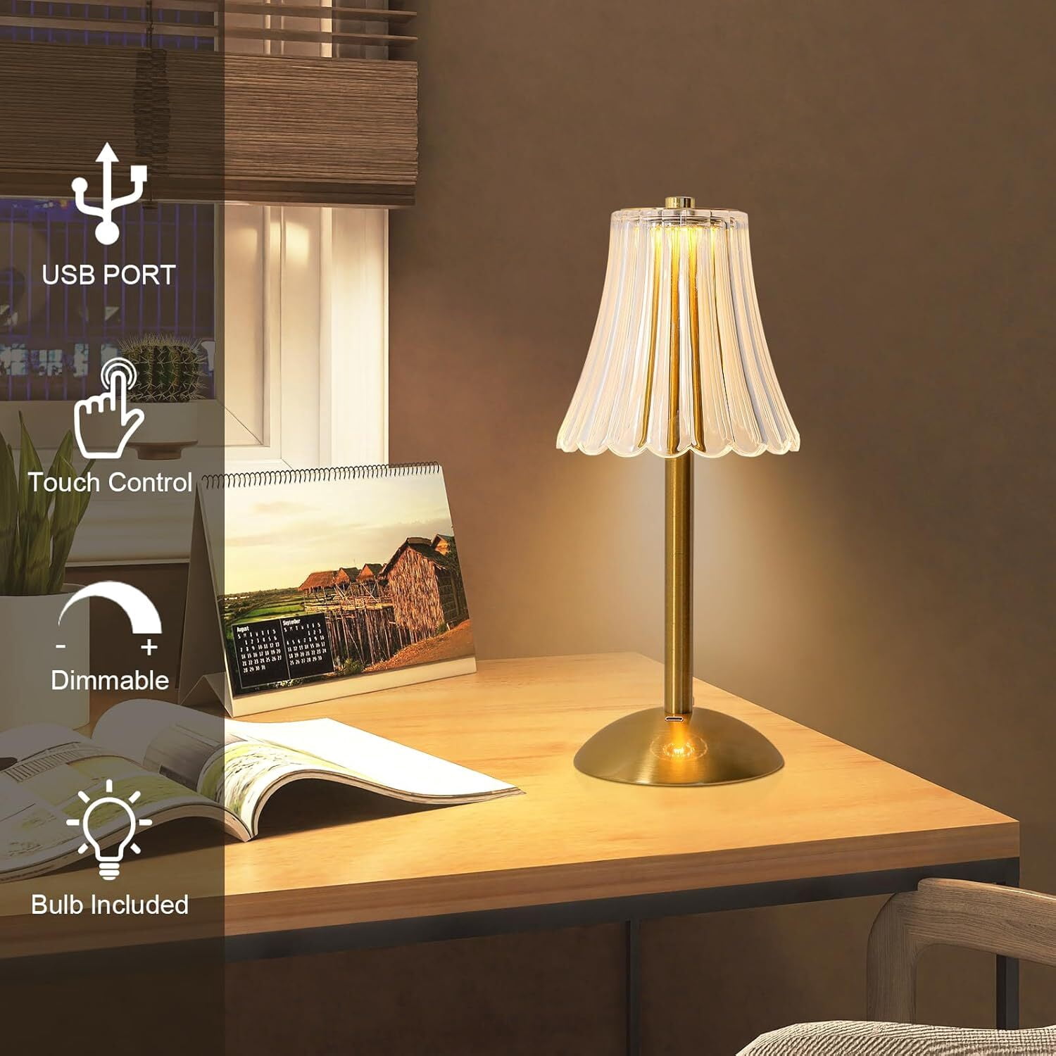 Touch Cordless Table Lamp, Dimmable Crystal Lamp, Battery Operated Light, Lamp for Bedroom Living Room Bathroom Hotel Bar