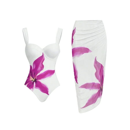 Women One Piece Swimsuit with Beach Cover up Sarong Retro Floral Sexy Bikini Sets Two Piece Bathing Suit