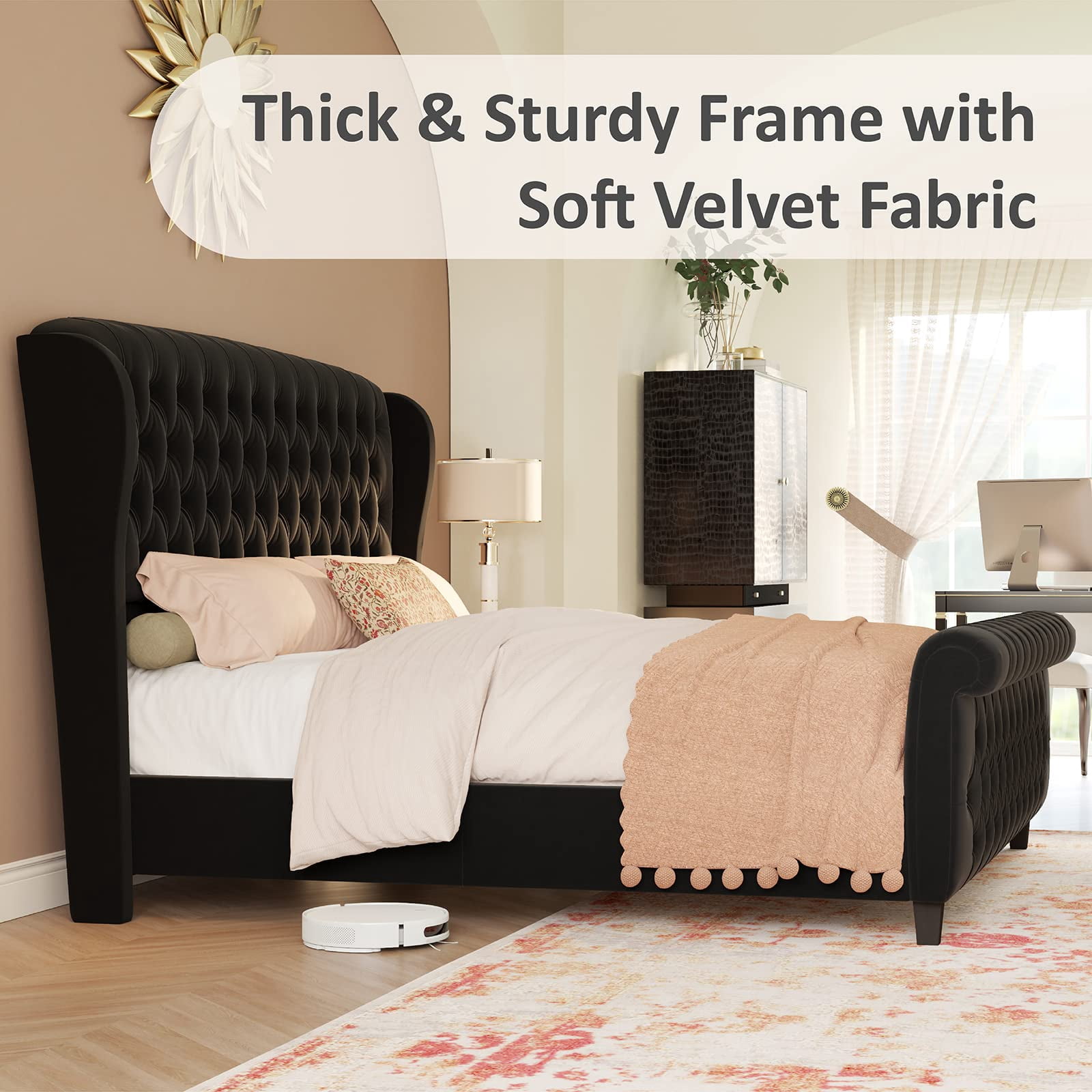 VanAcc King Size Platform Bed Frame, Chenille Upholstered Sleigh Bed Frame, Black