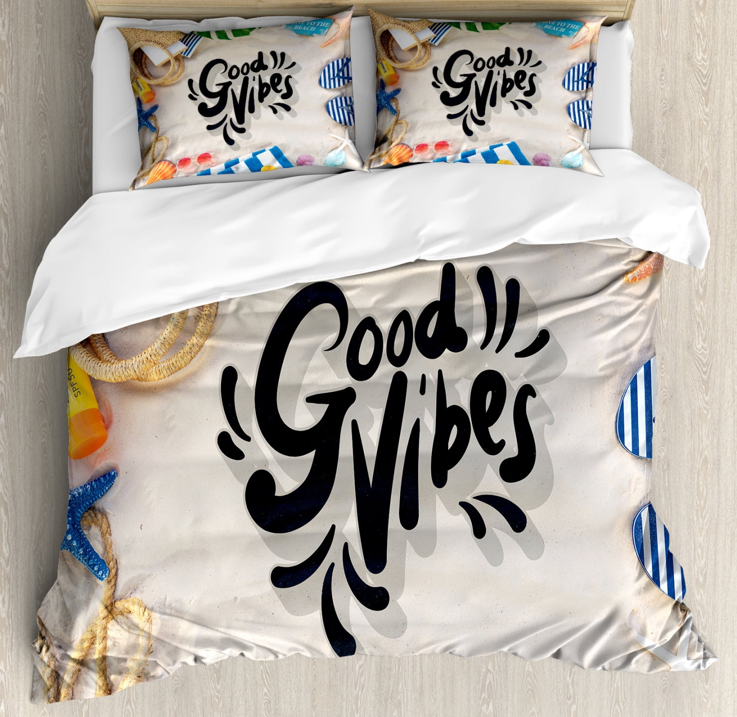Good Vibes Duvet Cover Set, On the Beach Concept Seacoast Shoreline