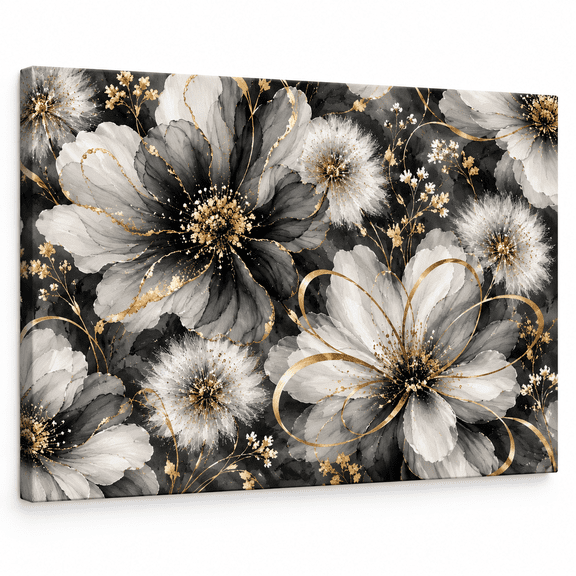 Black Gold Floral Wall Art, Modern Flower Canvas, Elegant Wall Decor, 10x8in Stretched Canvas Wall Art with Inner Frame, Printed Picture for Home Living Room Bedroom Decor