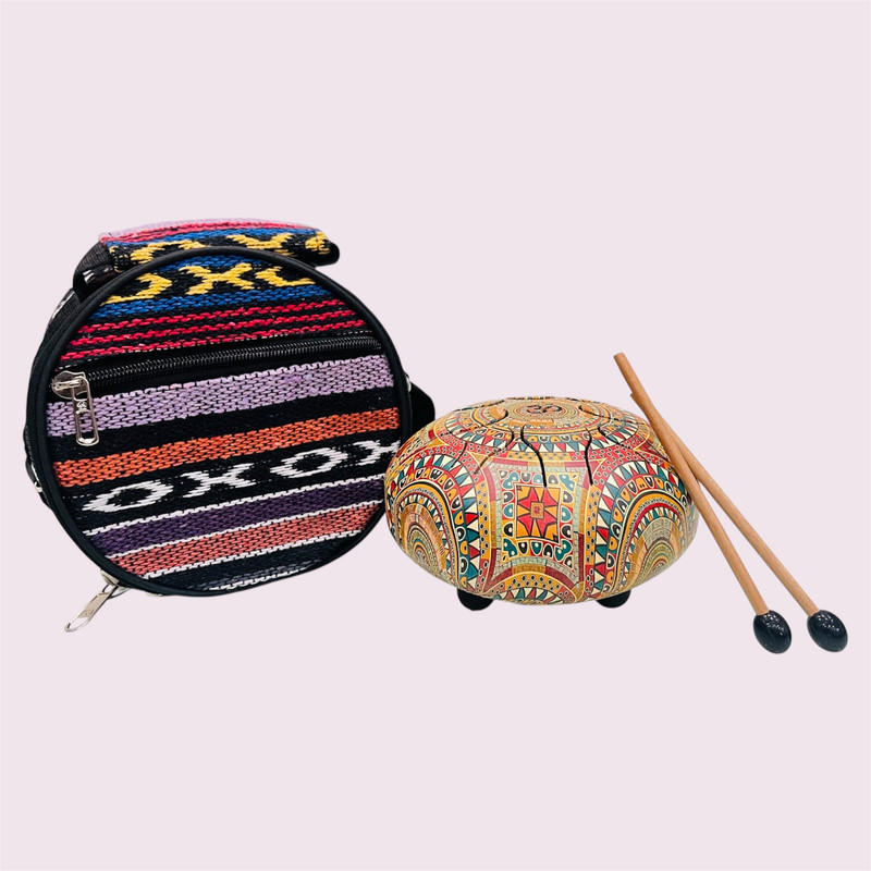 NARAYANI CRAFTS Traditional Drum, Multicolor with Vibrant Yellow Base, Includes 2 Sticks, Musical Instrument for Music and Gifting