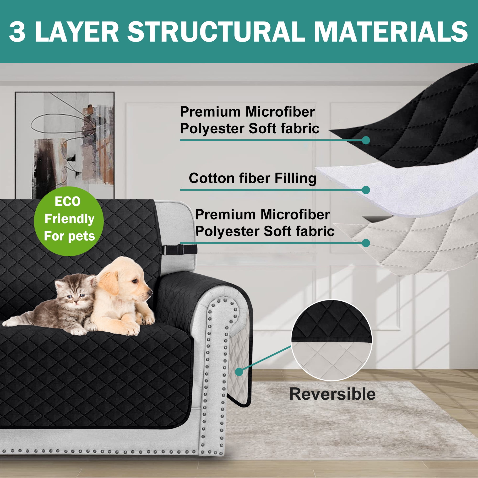 Sanmadrola Reversible Sofa Cover Machine Washable Couch Cover Water Resistant Slipcover Non Slip Furniture Protector for Dogs, Children, Pets, Loveseat Size, Black