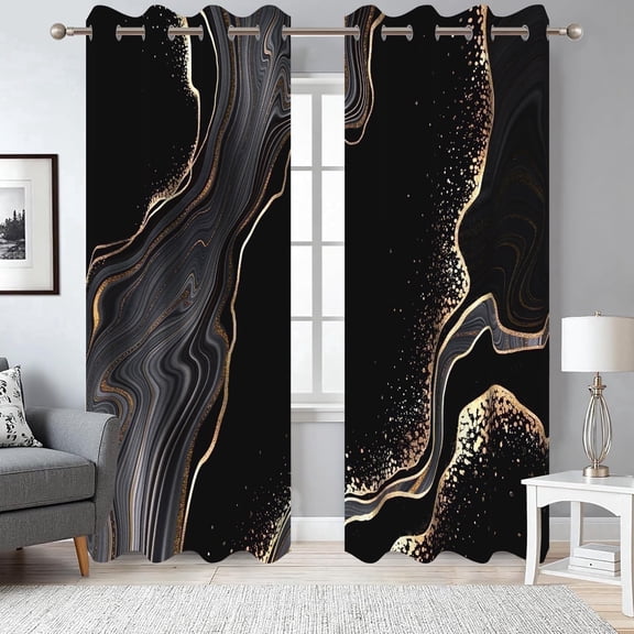 Dashan Black Gold Marble Blackout Window Curtain for Living Room,Thermal Insulated Curtains,52x84 Inch,Set of 2