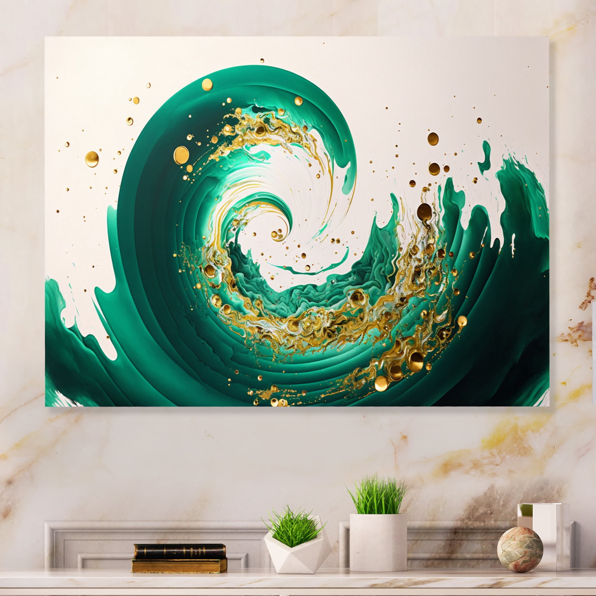 Designart Green And Gold Crashing Waves IV Canvas Wall Art