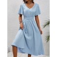 thumbnail image 4 of Women'S Vintage Polka Dot Dress V-Neck Waist Cinching Elegant Short Sleeved A-Line Dress Sky Blue XXL, 4 of 9