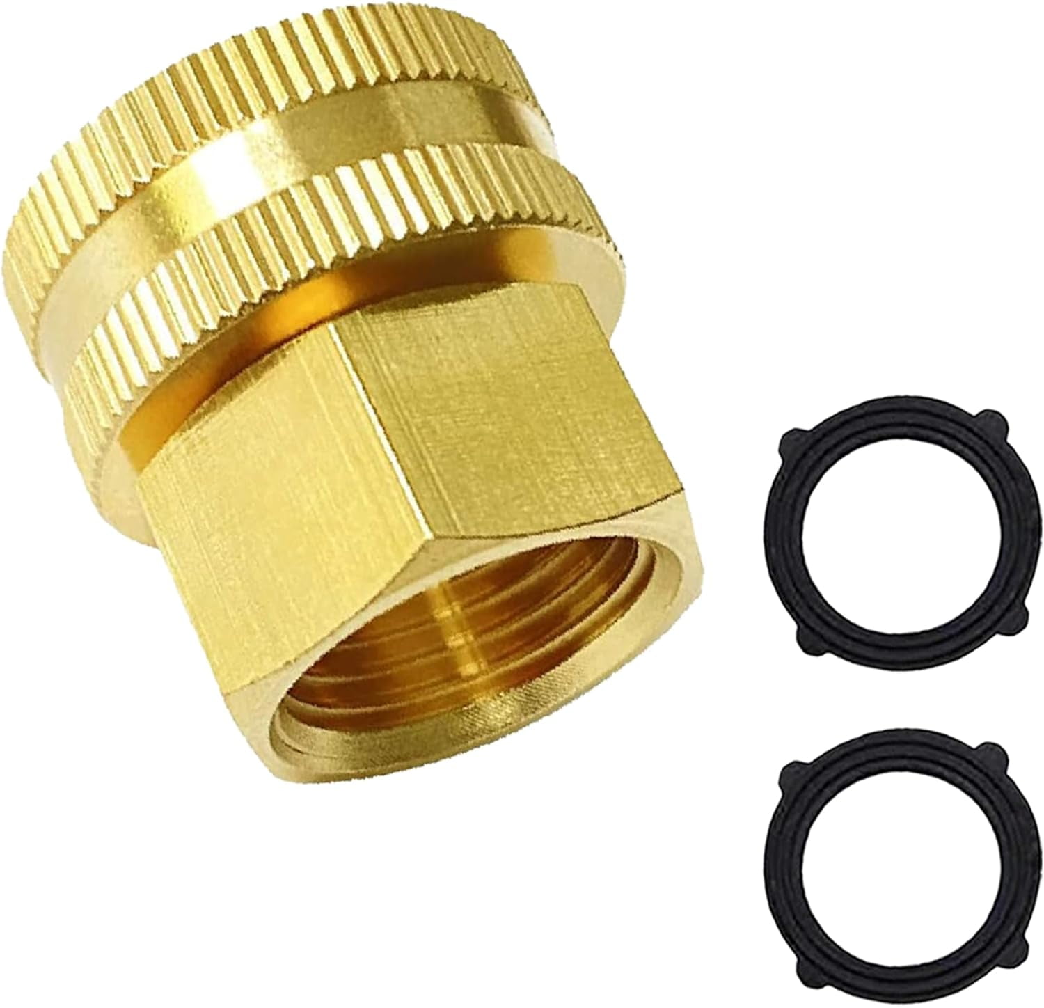 HRTGFD-Brass Garden Hose Threaded 3/4 GHT Female to 1/2 NPT Female Fitting Connect, Quick Swivel Connector Adapter,Double Female Thread 3/4 GHT x 1/2 NPT Pipe, 1 Pack and 2 pcs hose washers.
