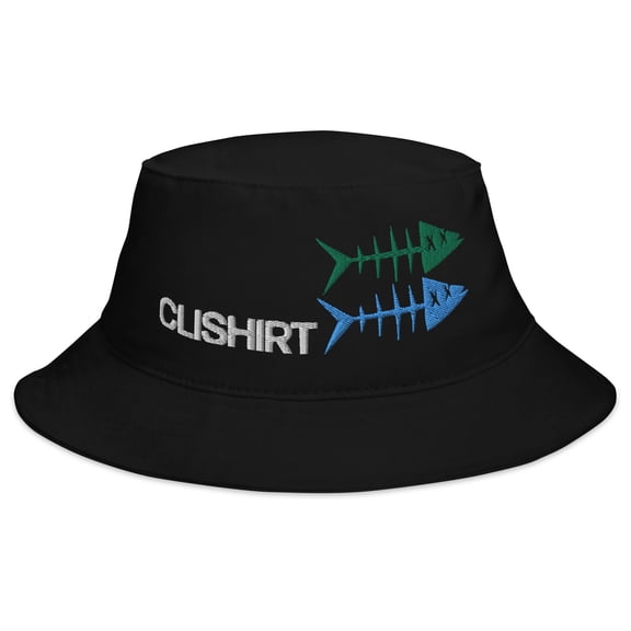Clishirt Adult Unisex Embroidered Green Blue Fish Cotton Black Bucket Hat