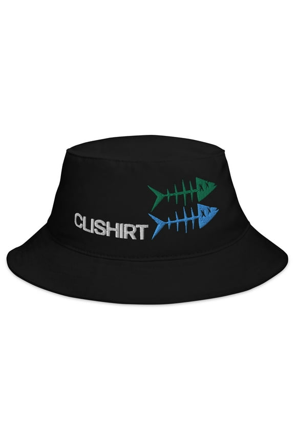 Adult Unisex Embroidered Green Blue Fish Cotton Black Bucket Hat