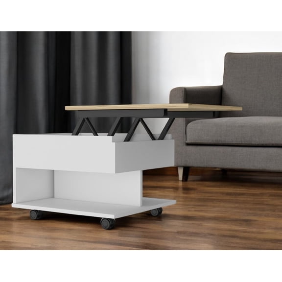 22" Natural And White Wood Lift Top Coffee Table With Two Shelves