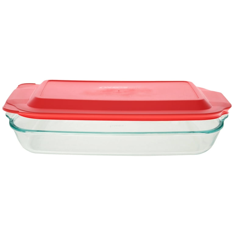 Pyrex 9 x 13 Clear Glass Baking Dish Casserole w Handles & Red Lid, 3 qt.