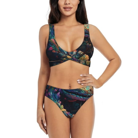Zeuib Colorful Patterned Snake High Waisted Tummy Control Bikini Set - Knot Front Push Up Top & Cheeky Thong Bottom  Two-Piece Swimsuit for Women-Small