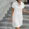 thumbnail image 6 of QUYUON Womens Linen Dress Summer Short Sleeve High Neck Knee Length Dress Casual Loose T Shirt Dress Short Beach Sundress A-Line Tunic Dress White S, 6 of 6