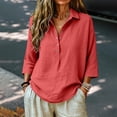 thumbnail image 6 of LEKODE Linen Tops for Women Gauze Tunic Summer Tees Gauze Shirts Vacation Dress Loose Clothes Casual Roll Up Sleeve Shirt Tunic Tops 3/4 Sleeve Casual Tunic Blouses Button Blouses V Neck Red M, 6 of 8