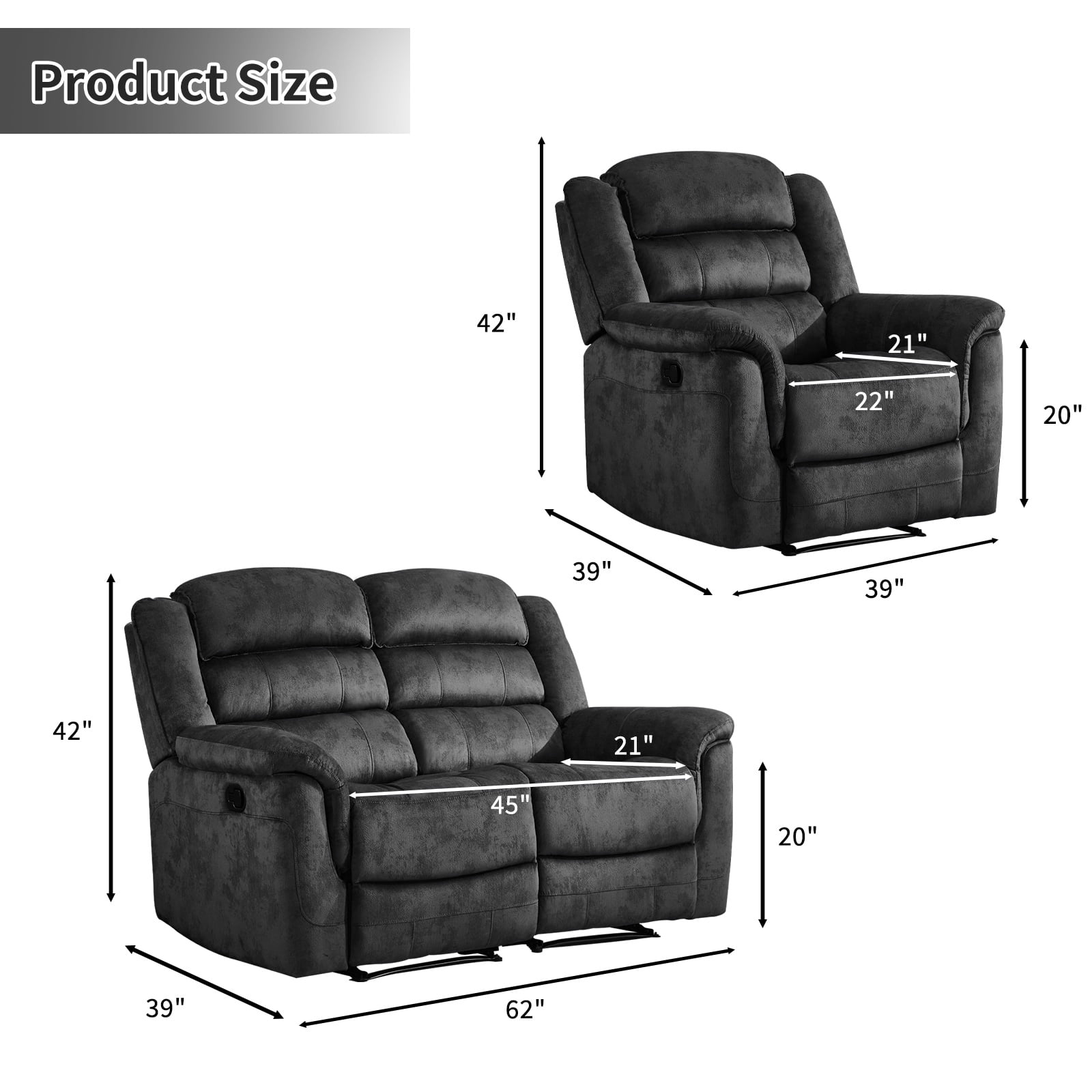 Bonzy Home Recliner Sofa Set – Cloth Reclining Living Room Furniture Set with Single Recliner Chair & Loveseat Gray