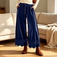 thumbnail image 6 of Karymi Jean Shorts Solid Velvet Wide Leg Long Pants, Elastic Drawstring High Waist Trousers, Hollow Lace Scalloped Hem Side Pockets Palazzo Pants Women's Shorts, 6 of 8