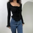 thumbnail image 2 of Women'S Long Bell Sleeve Button Down Ruffle Crop Shirt Top Blouses, 2 of 5