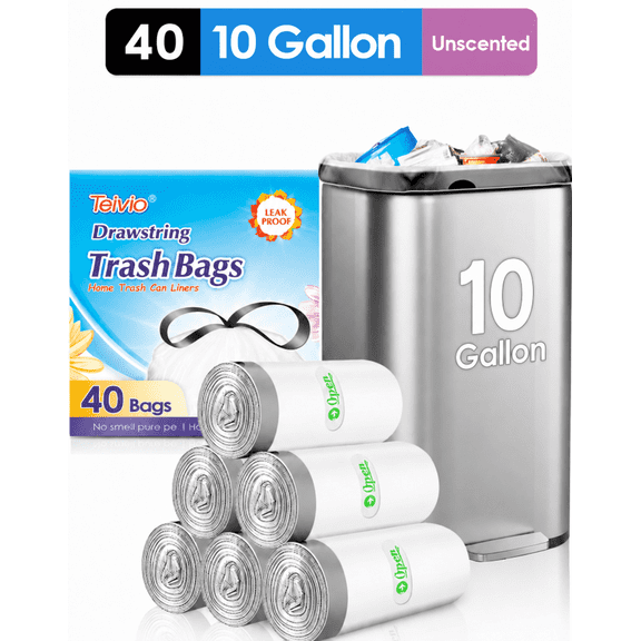 Teivio 10 Gallon Drawstring Trash Bags 40 Counts Medium Kitchen Garbage Bags fit 30-35 Liter Garbage Bin, Large Trash Can Liners for Home, Office, Light Residential Waste Outdoor Lawn Bags, White