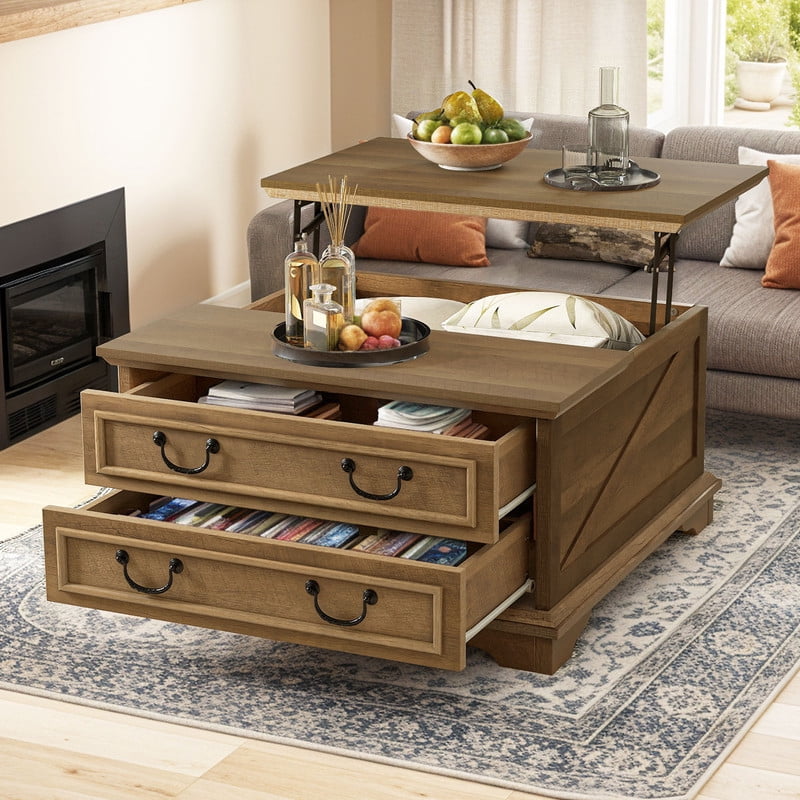 Uforic Farmhouse Lift Top Coffee Table with Storage, Square Center Dining Table with 2 Large Drawers, Rustic Brown