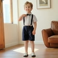 thumbnail image 6 of LYMAYTER Baby Kids Formal Tuxedo Suit Set Short Sleeve Shirt Shorts Bow Tie Suspenders Wedding‌ 1-15Y, 6 of 8