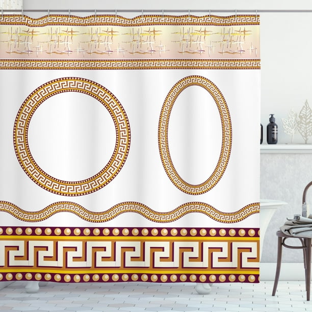 Greek Key Shower Curtain, Ancient Fret Pattern in Oval and Circle