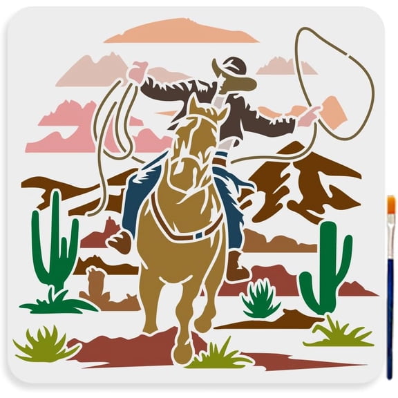 Sunset Cowboy Stencil 11.8×11.8inch Large Western Cowboy Stencils with Paint Brush Reusable Desert Cactus Riding Horses Template