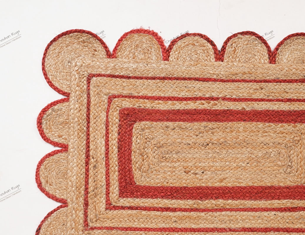 Rectangle Rug Natural Jute Rug Hand Braided Beige and Red Color Scalloped Area Rug