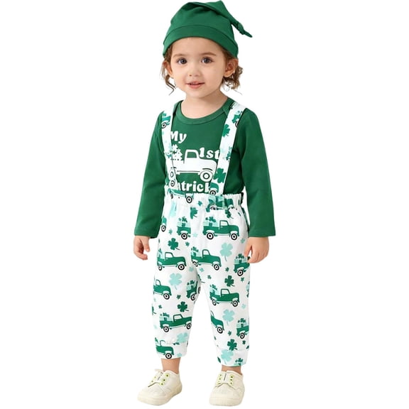 EnJoCho My First St Patric𝗄s Day Baby Boy Outfit Baby Long Sleeve 𝖱omper Suspenders Pants Hat 3Pcs Set Irish Clothes Festival Celebration