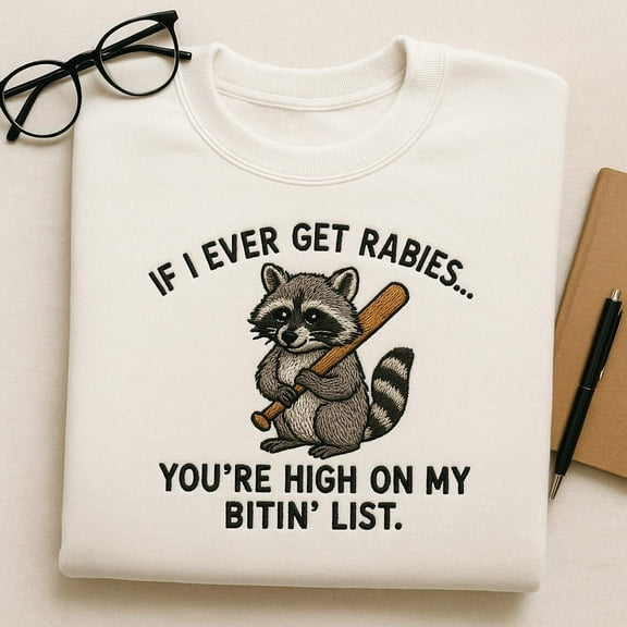 Funny Embroidered Rabies Raccoon Sweatshirt, Trash Panda Shirt with Bat, Hilarious Raccoon Lover Gift, Sarcastic Animal Top, Cream Crewneck