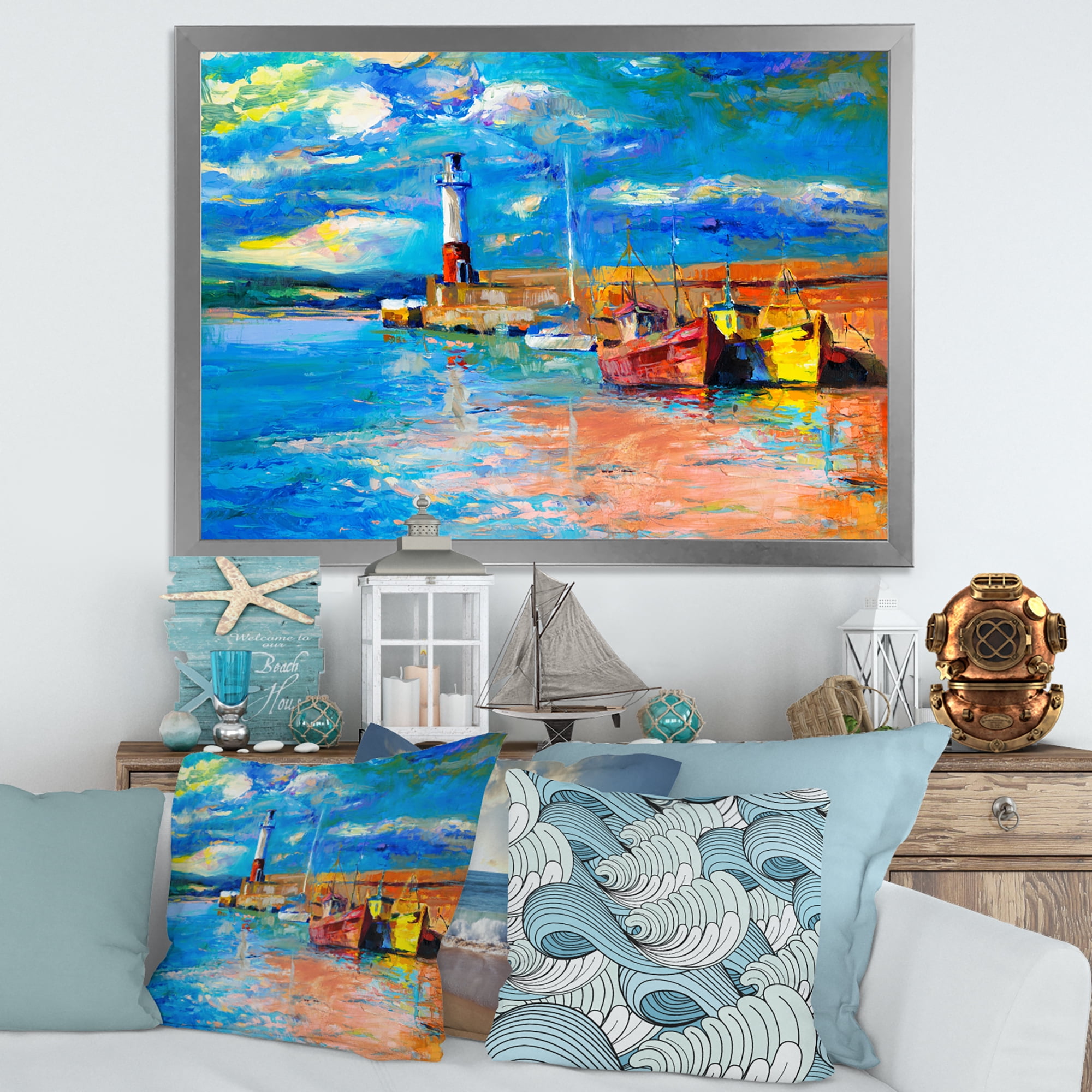 Designart 'Lighthouse By The Shore In Evening Glow ' Nautical & Coastal Framed Art Print