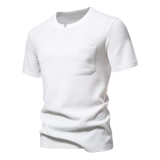 Camiseta informal de cuello en V para hombre: color liso con bolsillos, diseño moderno, tejido de poliéster, tallas S-XXL para uso diario.