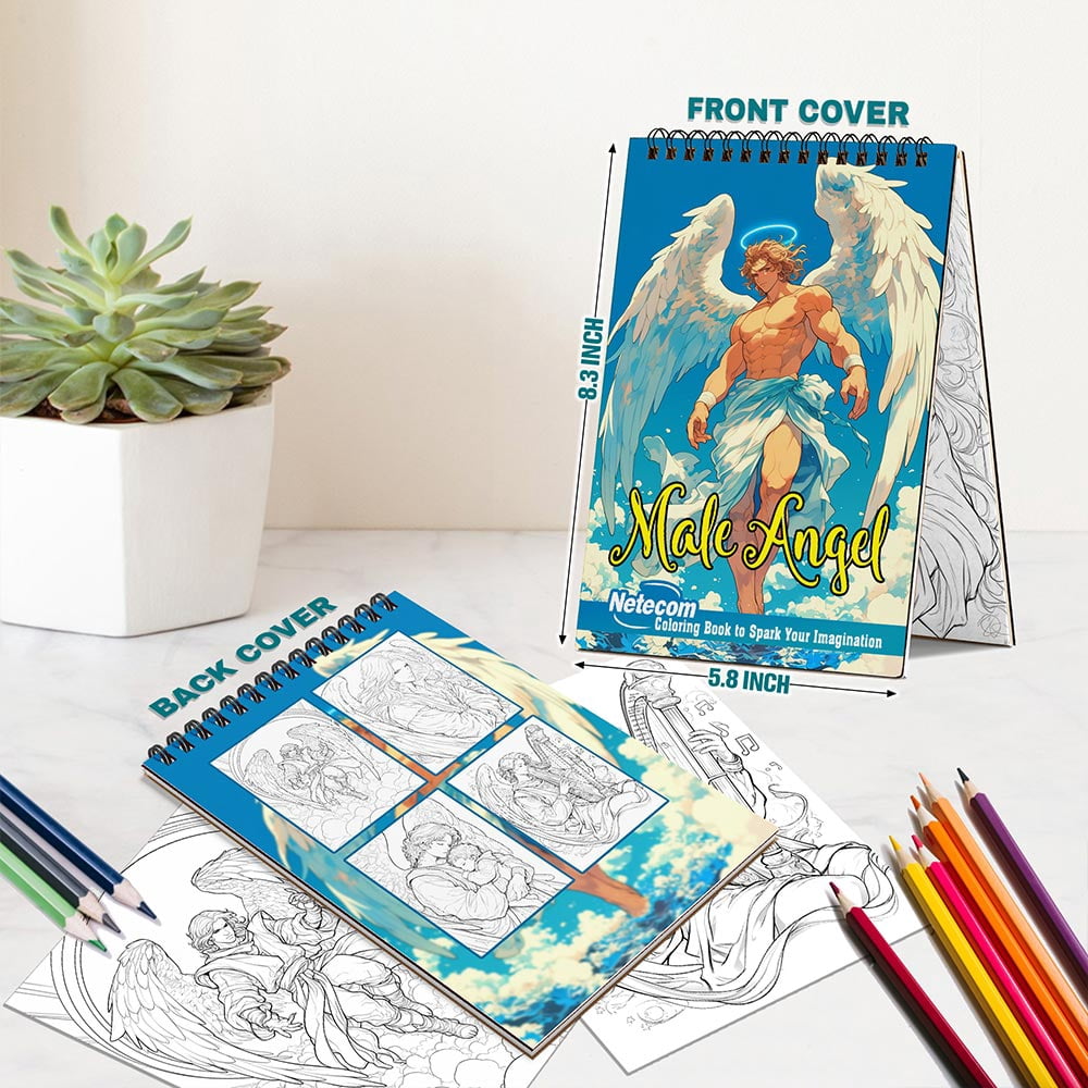 Netecom Male Angel Coloring Book Spiral Bound for Adults, A5 Wooden Cover, 30 Handsome Coloring Pages of Enchanted Beauties from Heaven for Stress Relief and Relaxation