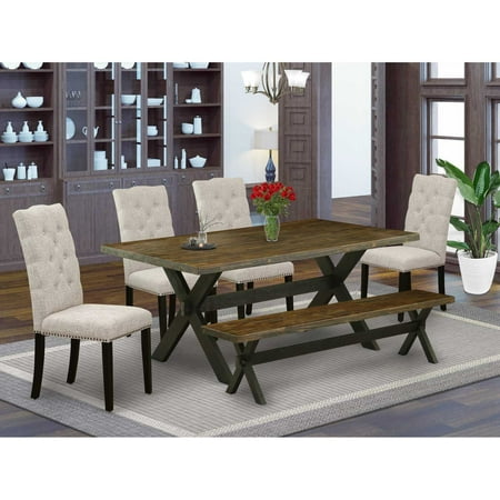 East West Furniture 6-Pc Wooden Dining Table Set-Doeskin Linen Fabric Seat and Button Tufted Chair Back Dining chairs A Rectangular Bench and Rectangular Top Wood Dining Table with Hardwood Legs…