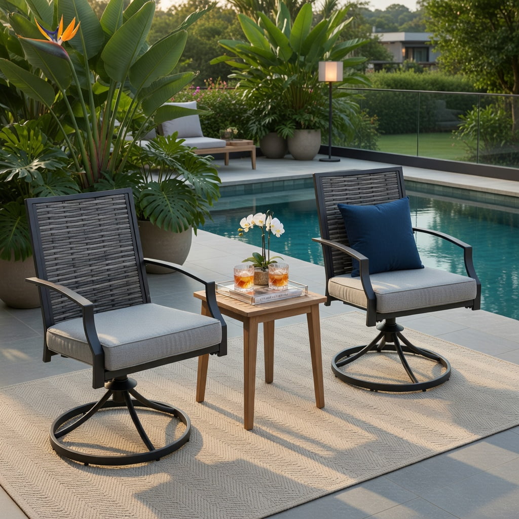 Hommoo 3-Piece Outdoor Swivel Patio Chair Set with Cushions, PE Rattan & Metal Frame, Includes Coffee Table for Backyard, Deck or Garden, Gray