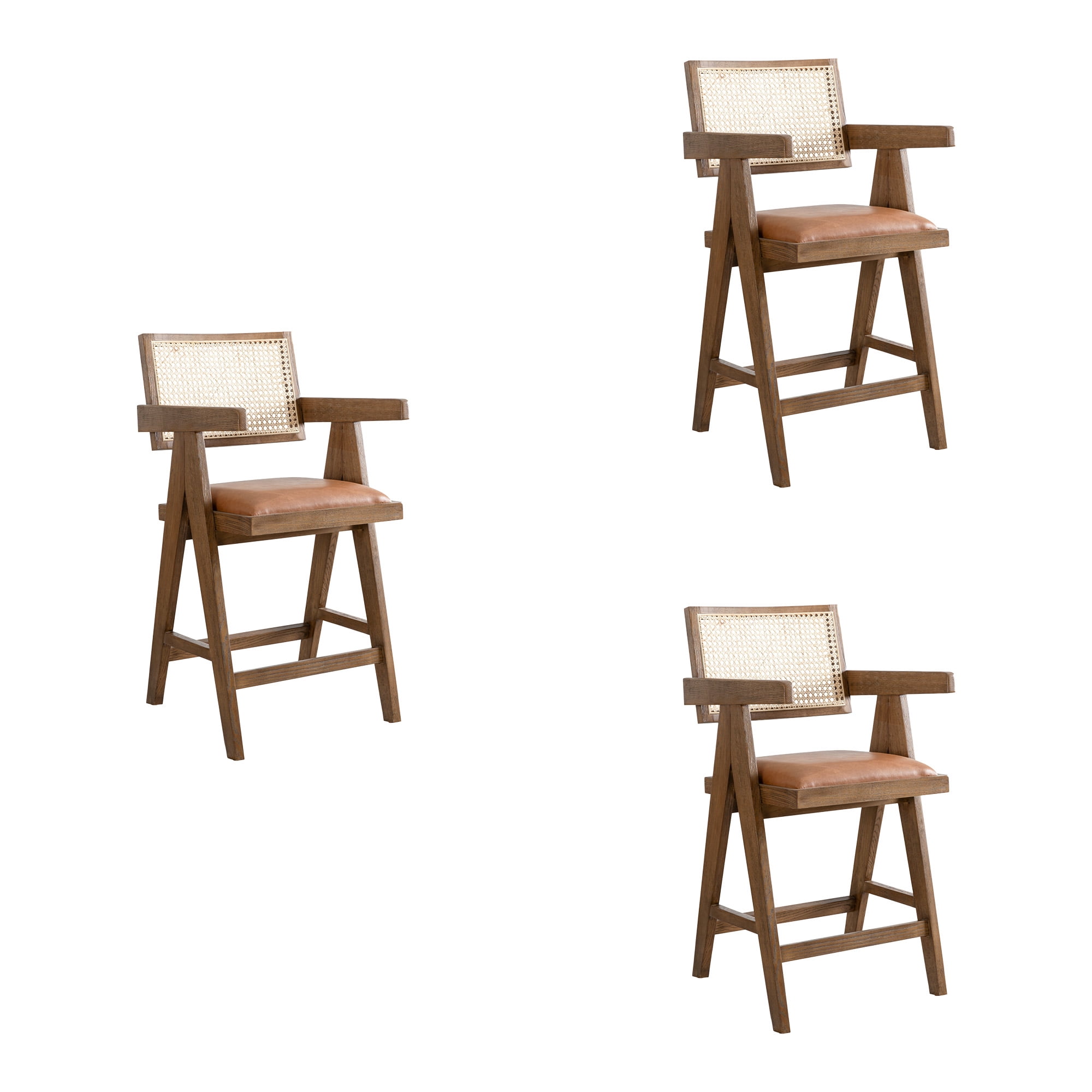 Harley Nutmeg Brown Solid Wood and Rattan Upholstered 26" Counter Height Barstool with Red/Brown Faux Leather Seat - Set of 3