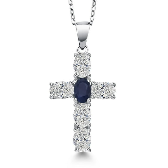 Gem Stone King 2.56 Cttw White Lab Grown Diamond and Blue Sapphire Cross Pendant Necklace for Women | 925 Sterling Silver | Oval 6X4MM | DEF Color | VVS-VS Clarity | With 18 inch Chain