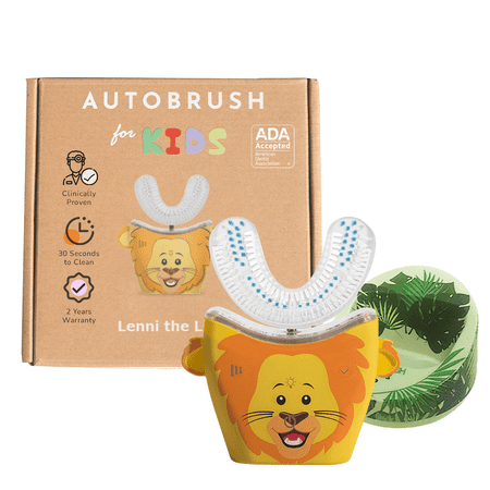autobrush Kids U Shaped Electric Toothbrush, ADA Accepted, Sonic Pro with Unique 360° Nylon Bristles 3 Cleaning Modes,Whitening LED-Lights,Plays Music (Double-Sided),Ages 9-12, Lion