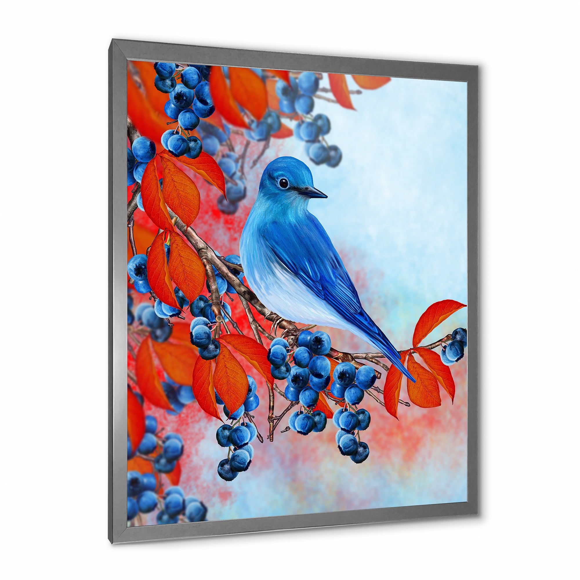 Designart 'Bright Bird Bullfinch Sitting On A Branch of Berries III' Traditional Framed Art Print