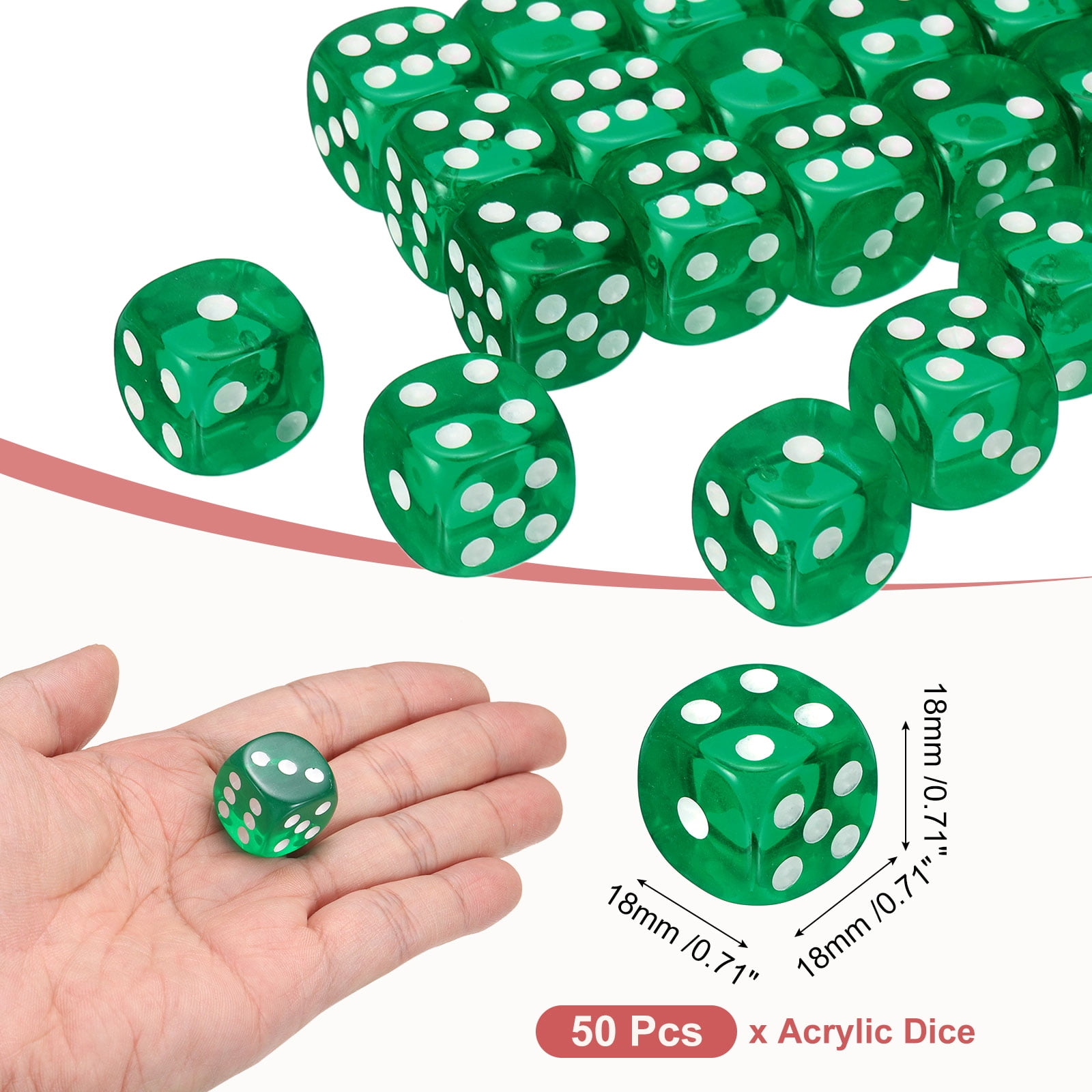 50Pack 6 Sided Acrylic Dice, 18mm/0.71" Rounded Corner Translucent Colored D6 Game Dice for Theme Party Fun Table Board Games, Green