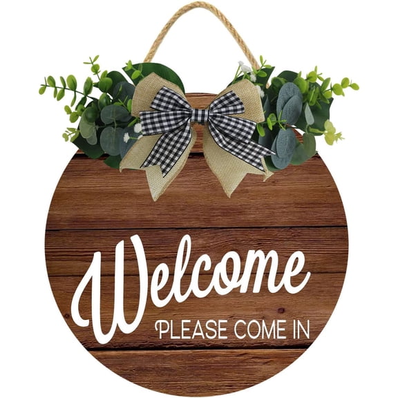 Eveokoki 12" Door Hanging Decor,Welcome Please Come In Front Door Round Wood Sign Hanging,Porch Decor Sign for Farmhouse,Rustic Wood Wreaths Sign