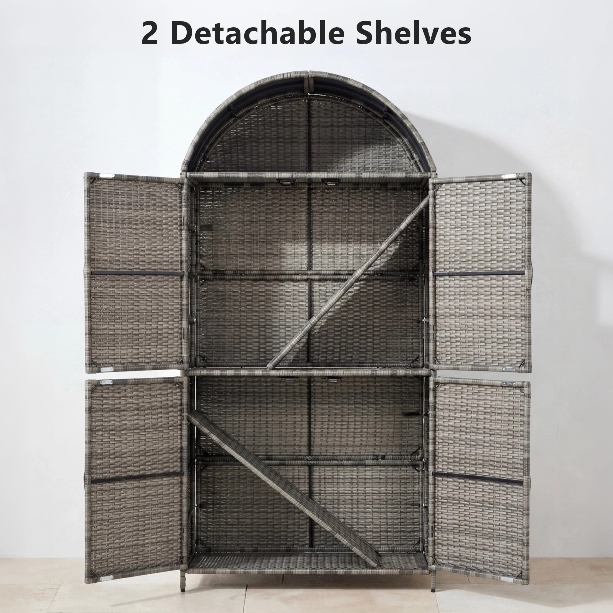AENKYO 72" Tall Arched Wicker Outdoor Storage Cabinet, Vertical Poolside Towel Holder & Rattan Garden Shed, Gray