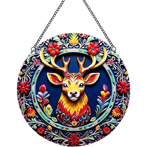 shiyou-Reindeer Stained Acrylic Window Hanging, Ceramic Relief Style Series Acrylic Window Decor Cupid Wall Hanging Panel Home Garden Decorations Gift for Women (5.9'',Reindeer-Deep Blue)
