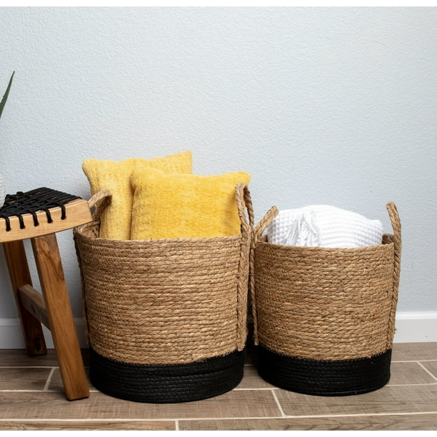 Better Homes & Gardens Round Seagrass Baskets, Natural, Black, Set of 2, Extra Large & Large