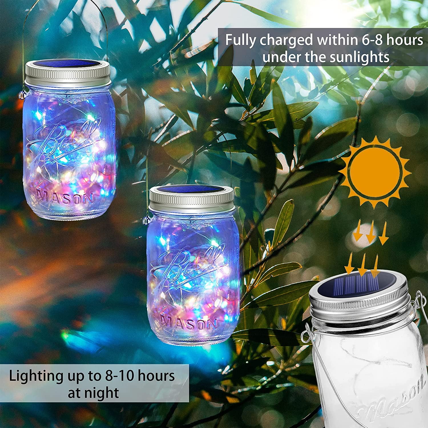 Soapow 6Pcs Solar Mason Jar Lights Lids for Outside, 30 LED Outdoor Hanging Solar Fairy Lights with 6 Handles for Garden Patio Porch Lawn Yard Fence Wedding Table, Multicolor (No Jars)