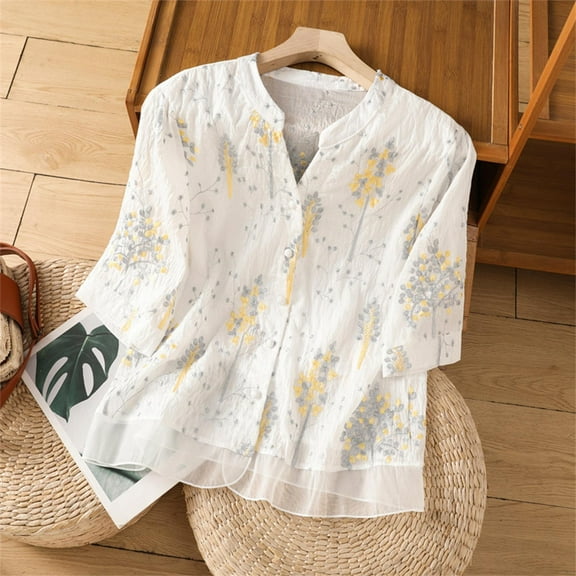 Weiqiqre Womens Shirts 3/4 Sleeve Loose Fit Fashion Dressy Floral Print Button Up Tunic V Neck Shirts Tops